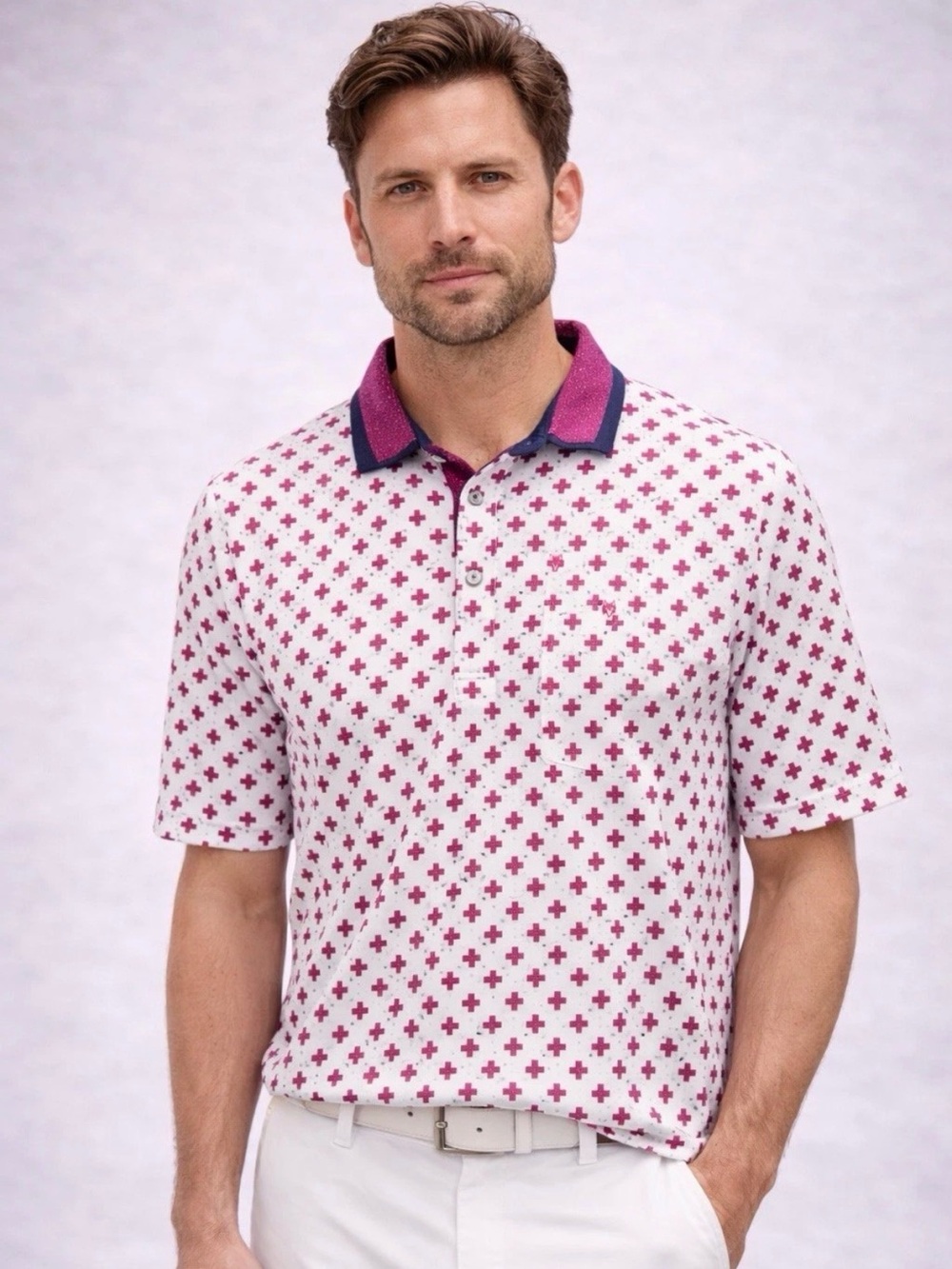 Greyson NWT White Polo with Magenta Cross Print and Navy-Trim Collar XXL